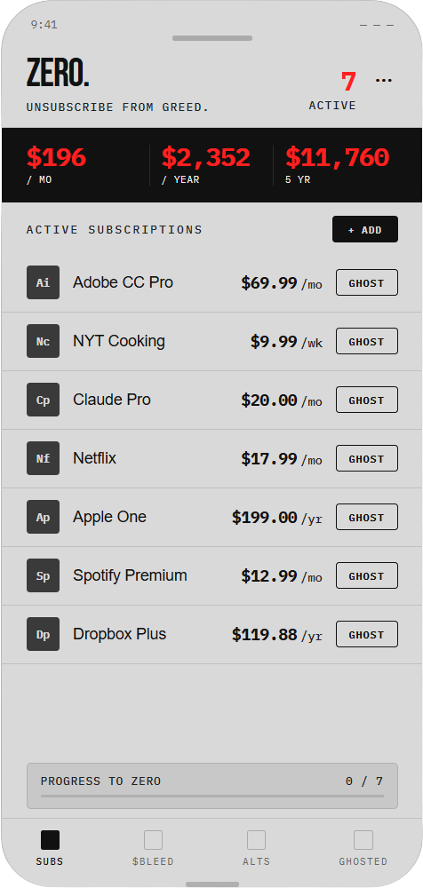 Zero. subscriptions screen